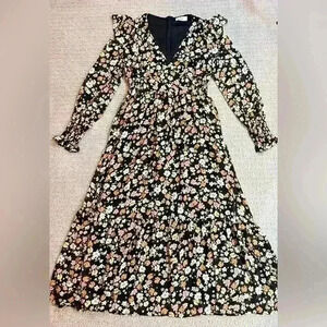 In Loom black floral maxi dress size Sm long sleeve ruffles cottagecore prairie